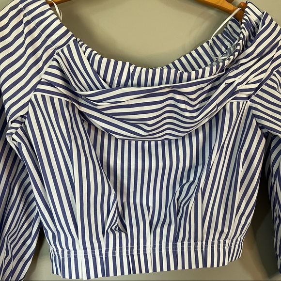 ZARA Basic Collection Blue Striped Blouse Off The Shoulder Crop Medium - Picture 2 of 8
